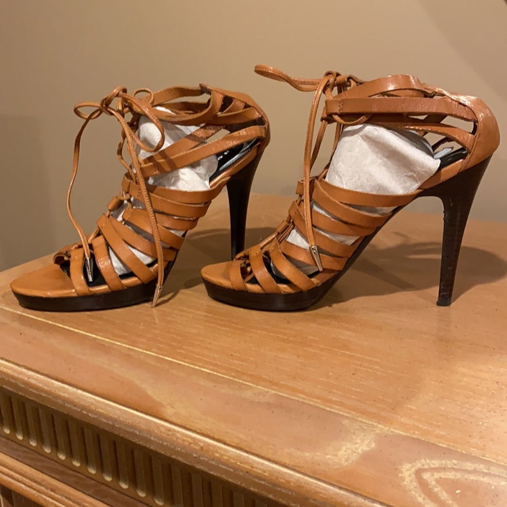 Trouvè leather caged strappy 5” lace up heels